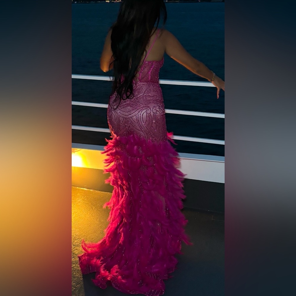 Sheer Bodice V-neck Mermaid Dress Embellished Feathers and Beads by LaDivine - Picture 2 of 5